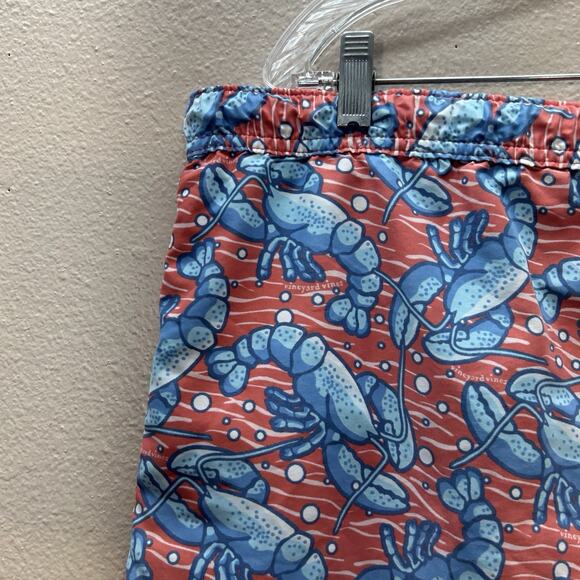 Vineyard Vines Lobster Print Swim Trunks Shorts Beach Surf Blue Red Mens L Mesh - Picture 8 of 8